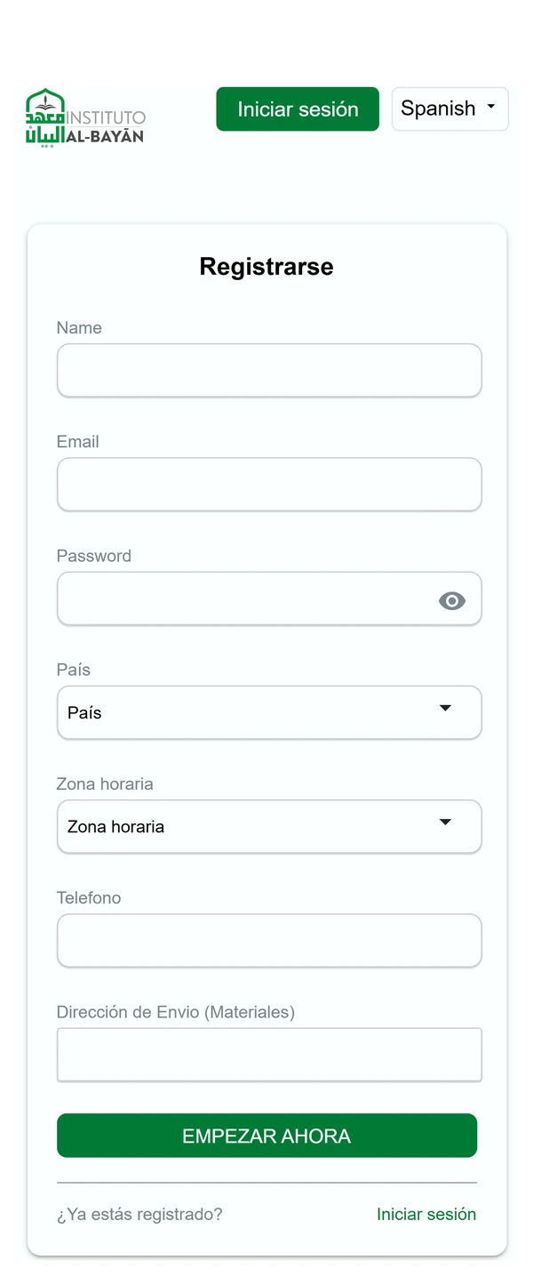 Pantalla real de registro en el aula virtual del Instituto Al-Bayān: formulario para crear la cuenta